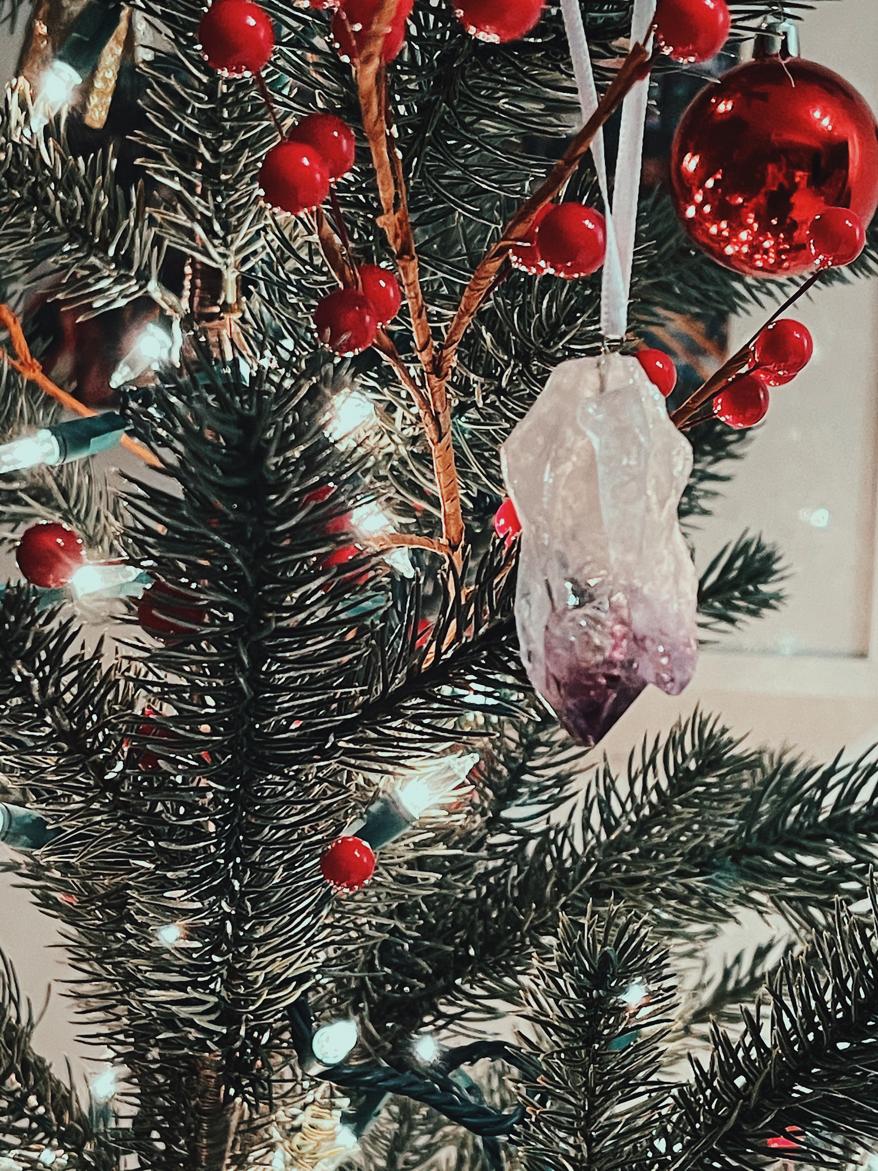 Crystal Xmas Ornaments in Clear Quartz, Amethyst, Black Tourmaline and Selenite