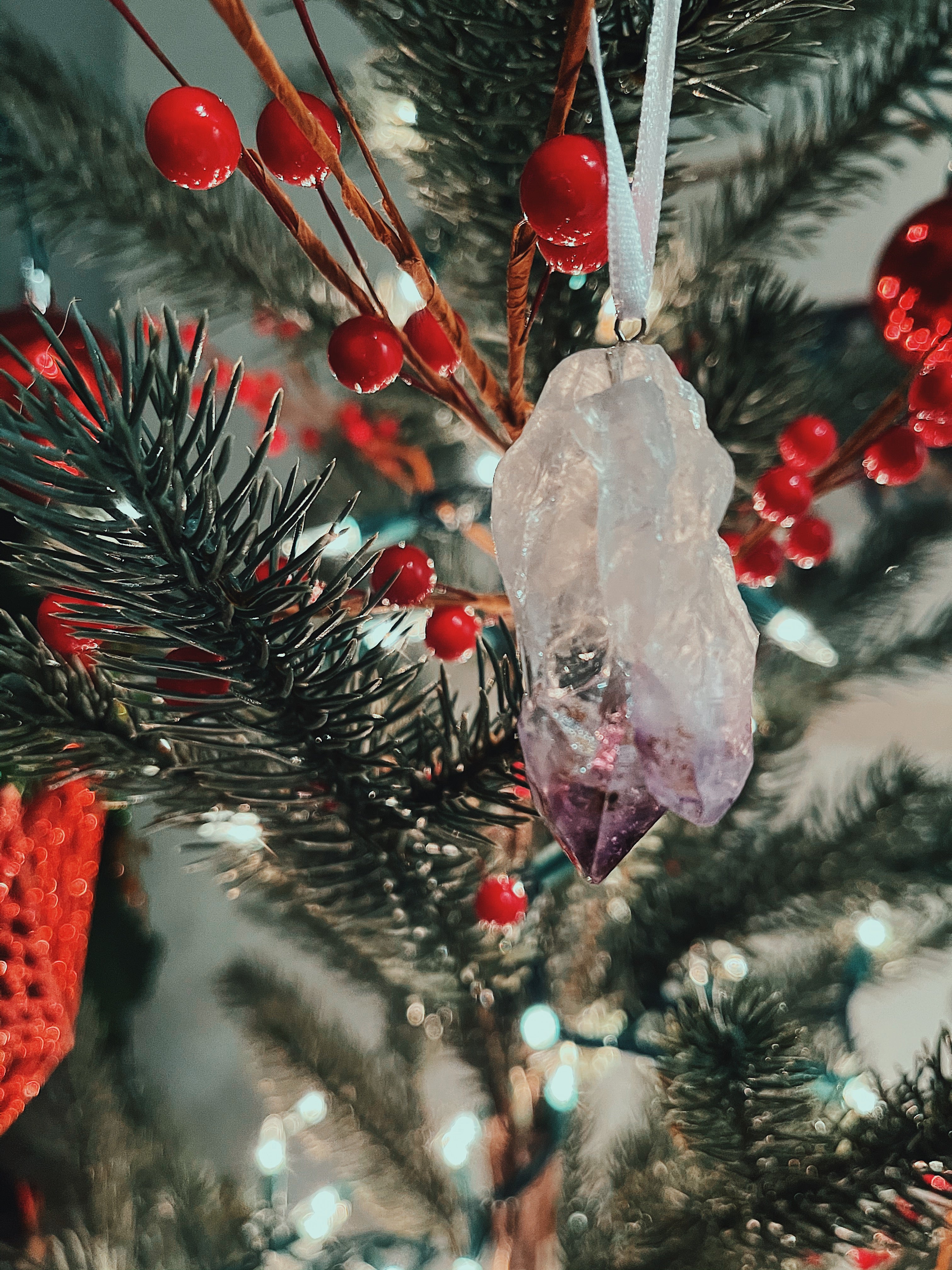 Crystal Xmas Ornaments in Clear Quartz, Amethyst, Black Tourmaline and Selenite